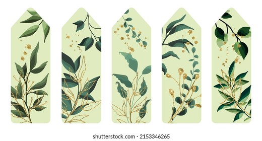 Vector illustration Set of five bookmarks decorated with botanical art texture. Bookmarks with modern creative design with glitter printable template