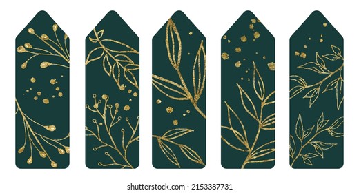 Vector illustration Set of five bookmarks decorated with botanical art texture with glitter. Bookmarks with modern creative design with glitter printable template on green background
