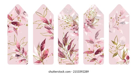 Vector illustration Set of five bookmarks decorated with botanical art texture. Bookmarks with modern creative design with glitter printable template on pink background. Watercolor texture