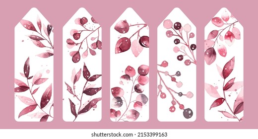 Vector illustration Set of five bookmarks decorated with botanical art texture. Bookmarks with modern creative design printable template on white background. Watercolor texture