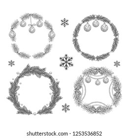 Vector illustration set of five Christmas wreath in ink hand drawn style.