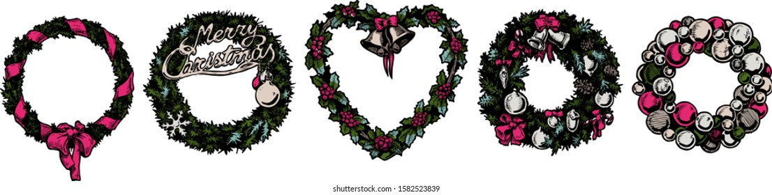 Vector illustration set of five Christmas wreath in ink hand drawn style on white background. 