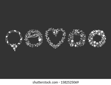 Vector illustration set of five Christmas wreath in ink hand drawn style on black background. 