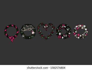 Vector illustration set of five Christmas wreath in ink hand drawn style on black background. 