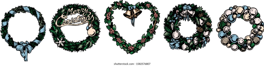Vector illustration set of five Christmas wreath in ink hand drawn style on white background. 