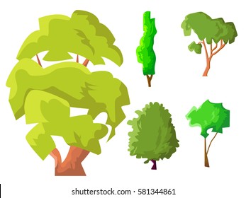 Vector illustration. Set of five different volumetric trees. cartoon tree