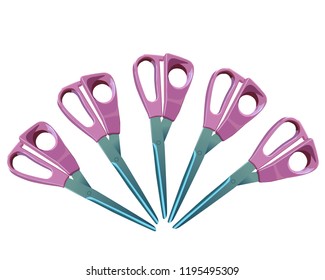 Vector illustration of a set of five pink scissors with plastic handles. For needlework, office, haircuts, sewing, aplititiy. Scissors for any creative work, and household chores.