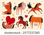 Vector illustration set with flame red horses, wine glasses, stars, tattoos and hearts. New year 2026 print design collection with animal, greeting card template
