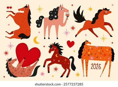 Vector illustration set with flame red horses, wine glasses, stars, tattoos and hearts. New year 2026 print design collection with animal, greeting card template