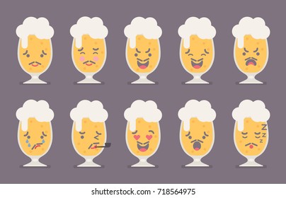 Vector illustration: set of flat 10 funny beer mug emoticons oisolated on brown background.
