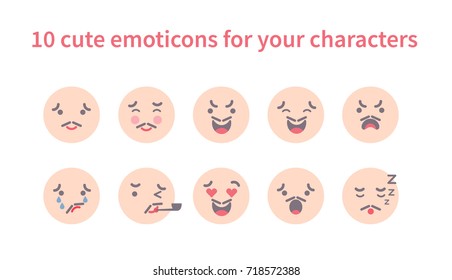 Vector illustration: set of flat 10 euro faces with different emotions  for your cartoon character design isolated on white background.
