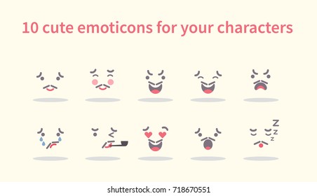 Vector illustration: set of flat 10  
facial features with different emotions  for your cartoon character design isolated on creamy background with oval shadows.