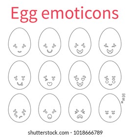 Vector illustration: set of flat 12 funny egg icons with different emotions isolated on white background with red handdrawn lettering.
