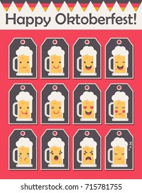 Vector illustration: set of flat 12 funny beer mug emoticons on brown stickers with inscription "Happy Oktoberfest and garland of german flags isolated on red background.
