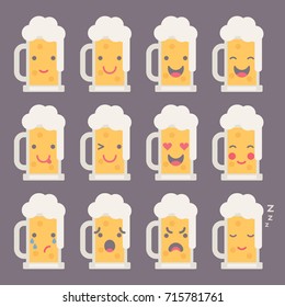 Vector illustration: set of flat 12 funny beer mug emoticons isolated on dark gray background.
