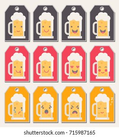 Vector illustration: set of flat 12 funny beer mug emoticons on varicolored stickers isolated on white background.
