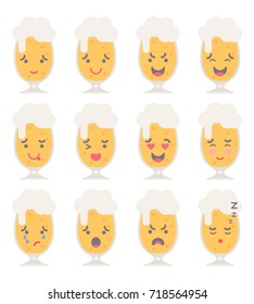 Vector illustration: set of flat 12 funny beer glasses emoticons  isolated on white background.