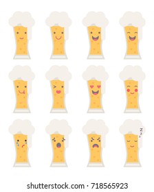 Vector illustration: set of flat 12 funny beer glasses emoticons  isolated on white background.
