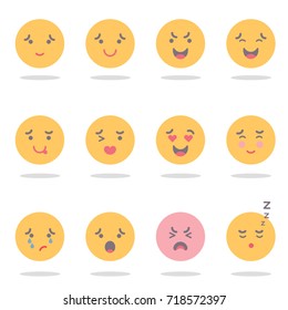 Vector illustration: set of flat 12 yellow and red emoticons on isolated on white background with oval shadow.
