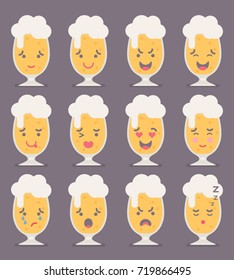 Vector illustration: set of flat 12 funny beer mug emoticons isolated on brown background.
