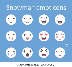 Vector illustration: set of flat 12  
facial features of snowman with different emotions  for your cartoon character design isolated on light blue background.