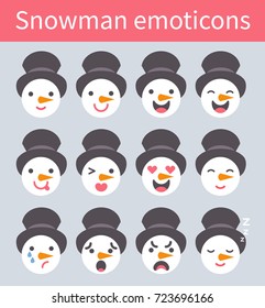 Vector illustration: set of flat 12  
facial features of snowman with different emotions  for your cartoon character design isolated on light grey background.