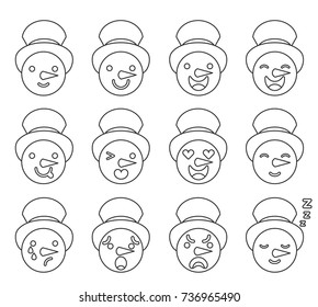 Vector illustration: set of flat 12 facial features of snowman with different emotions and big hat for your cartoon character design in linear design isolated on white background.