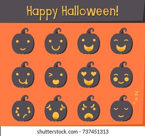 Vector illustration: set of flat 12 black
facial features of Halloween Pumpkin with different emotions  for your holiday decoration  isolated on orange background