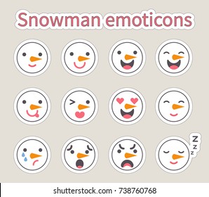 Vector illustration: set of flat 12  
facial features of snowman with different emotions  for your cartoon character design isolated on creamy background.