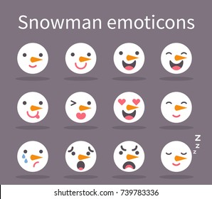 Vector illustration: set of flat 12  
facial features of snowman with different emotions with oval shadow for your cartoon character design isolated on brown background.