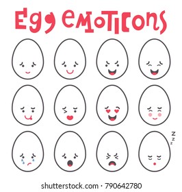 Vector illustration: set of flat 12 funny egg icons with different emotions isolated on white background with red handdrawn lettering.
