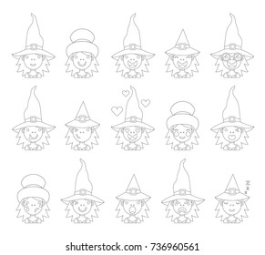 Vector illustration: set of flat 15 little witches faces with different emotions for your cartoon character design in linear style for Halloween party decoration isolated on white background.