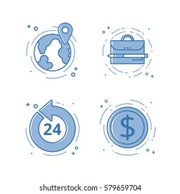 Vector illustration set of flat bold line icons with open 24 7, internet earn, portfolio, map with pin . Graphic design concept of online work or freelance. Blue outline isolated object.