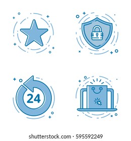 Vector illustration set of flat bold line icons with star - favorite sign, shield - web security, 24 7 , laptop white screen. Graphic design concept of e-commerce. Blue outline isolated object.