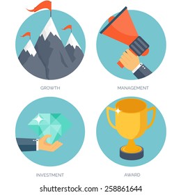 Vector illustration set. Flat business concept background. Achievements and mission. Aims and new ideas. Smart solutions. Travelling.