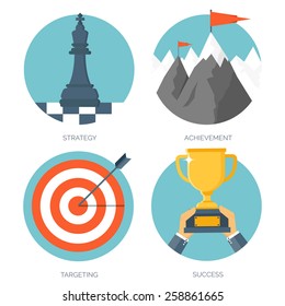 Vector illustration set. Flat business concept background. Achievements and mission. Aims and new ideas. Smart solutions. Travelling.