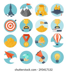 Vector illustration set. Flat business concept background. Achievements and mission. Aims and new ideas. Smart solutions. First place. Medal.