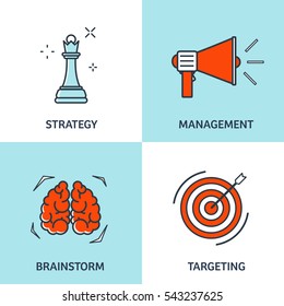 Vector illustration set. Flat business concept backgrounds with icons, lines. Achievements, mission. Aims,new ideas. Smart solutions. Travelling. Lined,outline.