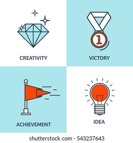 Vector illustration set. Flat business concept backgrounds with icons, lines. Achievements, mission. Aims,new ideas. Smart solutions. Travelling. Lined,outline.