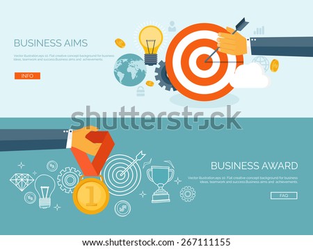 Vector illustration set. Flat business concept background. Achievements and mission. Aims and new ideas. Smart solutions.  First place. Medal.