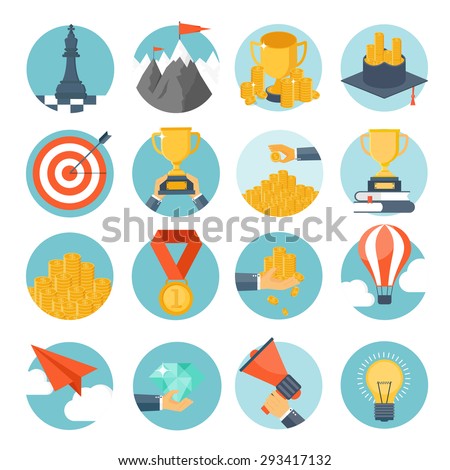 Vector illustration set. Flat business concept background. Achievements and mission. Aims and new ideas. Smart solutions. First place. Medal.