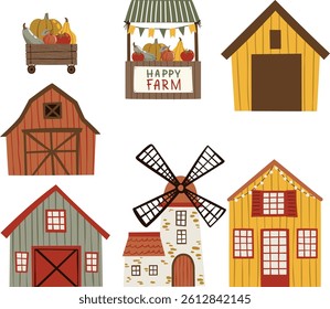 Vector illustration set in flat children's style with farm fruits, vegetables (pears, apples, pumpkins, wheat, zucchini, tomato), and buildings (barn, shed, windmill, farmhouse) on white background.