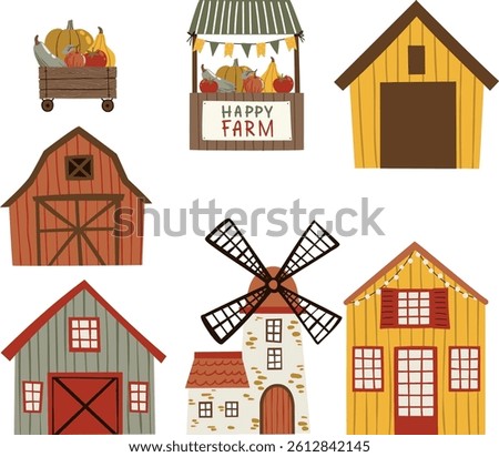 Vector illustration set in flat children's style with farm fruits, vegetables (pears, apples, pumpkins, wheat, zucchini, tomato), and buildings (barn, shed, windmill, farmhouse) on white background.
