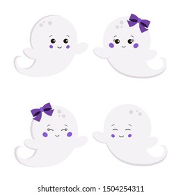 Vector illustration set of flat cute sweet cartoon smiling boy and girl ghost isolated on white background. Flying ghost creepy funny character. Graphic design element for party happy Halloween night.