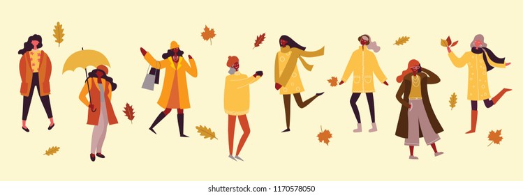 Vector illustration set in flat design of autumn season women
