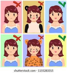 Vector illustration, set of flat female characters about skin troubles: dark circles, blemishes. Before and after.