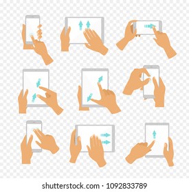 Vector illustration set of flat hand icons showing commonly used multi-touch gestures for touchscreen tablets or smartphones, fingers touch screen and move by blue color arrows showing direction of