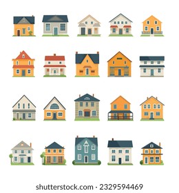 Vector illustration set of flat house icons, displaying a diverse selection of cottages and residential houses with unique architectural styles.