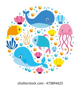 Vector illustration. Set of flat icons, nautical theme. undersea world. dodle elements cruise. fish, dolphin, whale, jellyfish, corals, starfish, shell, waves