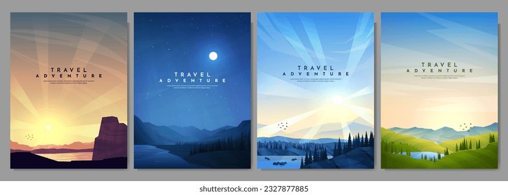 Vector illustration. A set of flat landscapes. Geometric minimalist style. Evening sunset by water, night scene with moonlight, day scene, green meadow with lake. Design for cover, brochure, layout